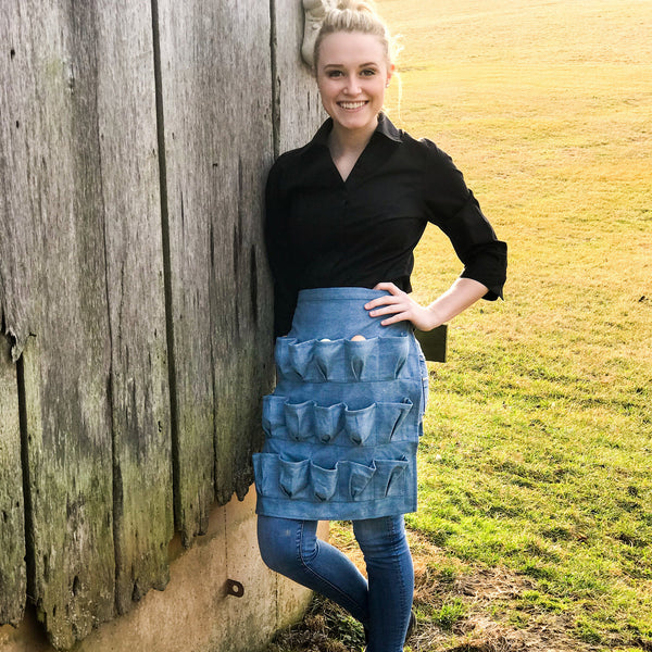 Egg Apron Light Blue Denim - Backyard Barnyard (18 Pocket) FREE Rustic Gift Bag Included