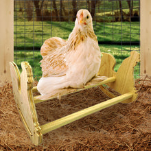 Load image into Gallery viewer, Wooden chicken rocker roosting bar with chicken sitting on it inside the coop
