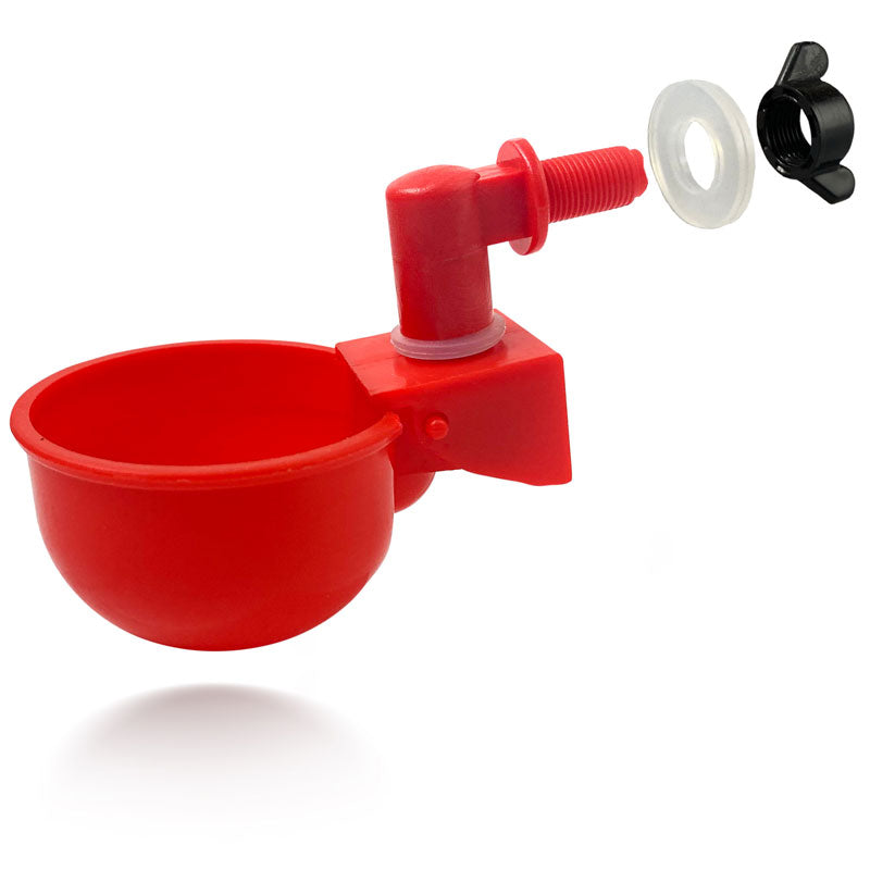 A red poultry drinking cup for chicken coop chickens and chicks