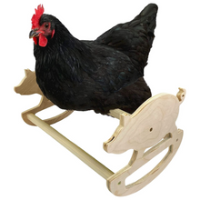 Load image into Gallery viewer, Wooden pig rocker perch with chicken sitting on it.