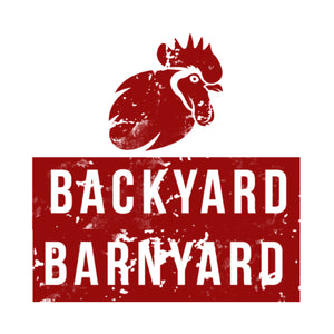 A Backyard Barnyard logo displayed in red with a chicken above it