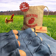 Load image into Gallery viewer, An egg collecting apron laying in grass with eggs

