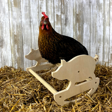 Load image into Gallery viewer, Wooden pig rocker perch with chicken sitting on it inside the coop.
